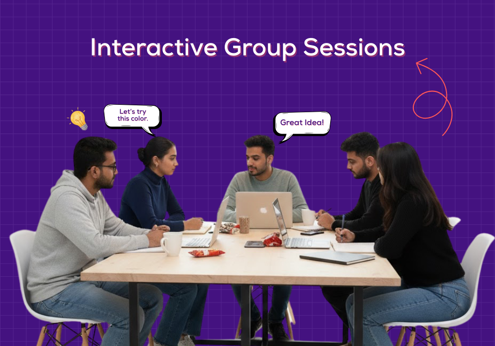 Interactive group discussion session with five students collaborating around a table with laptops and notebooks, under the heading Interactive Group Sessions on a purple background
